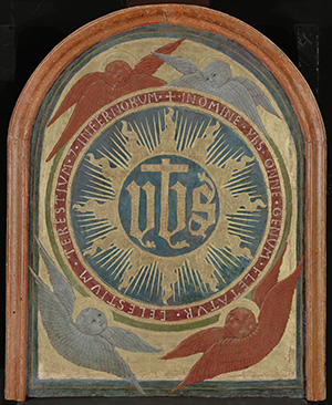 Madonna and Child with Saint John the Baptist, Saint Bartholomew, and Four Angels [obverse]; Emblem of St. Bernardine [reverse]